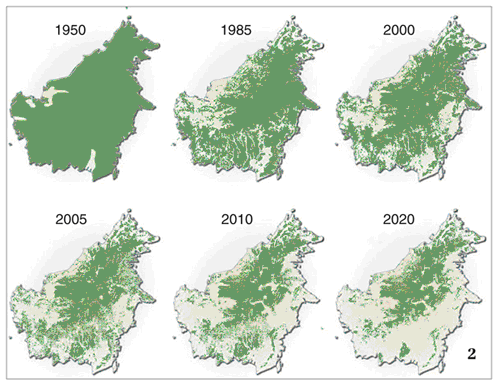http://ziva.avcr.cz/2014-1/tropicke-lesy-ostrova-borneo-1-mizejici-divocina.html. Orig.: http://www.grida.no/gra¬phicslib/¬detail/extent-of-deforestation-in-borneo-1950-2005-and-projection-towards-2020_119c (se svolením autorů)