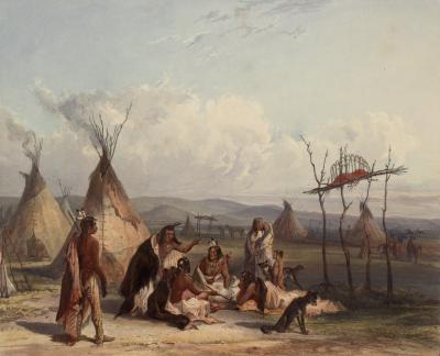 Funeral_scaffold_of_a_Sioux_chief_0044v.jpg: Karl Bodmerderivative work: Materialscientist / Public domain  https://commons.wikimedia.org/wiki/File:Funeral_scaffold_of_a_Sioux_chief_0044v_crop.jpg