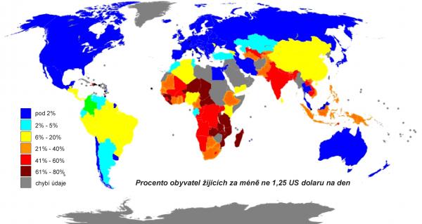 VK počeštěno - podle Autor: Cflm001 (diskuse) – Own work. Derived from File:Percentage population living on less than 1 dollar day 2007-2008.png by Sbw01f, released under GFDL/CC-BY-SA-3.0. Map derived from BlankMap-World6.svg by Canuckguy (en.wp), released under PD-self. Data from the United Nations' Human Development Indices Report (2008). Coloured using Inkscape., CC BY-SA 3.0, https://commons.wikimedia.org/w/index.php?curid=7909487