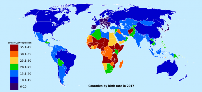 (https://creativecommons.org/licenses/by-sa/4.0);  https://upload.wikimedia.org/wikipedia/commons/b/b0/Countries_by_Birth_Rate_in_2017.svg
